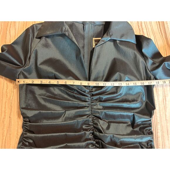 Vintage Tadashi Iridescent Blue Taffeta Rouching V Neck Women's Long Sleeve Top - Picture 5 of 6